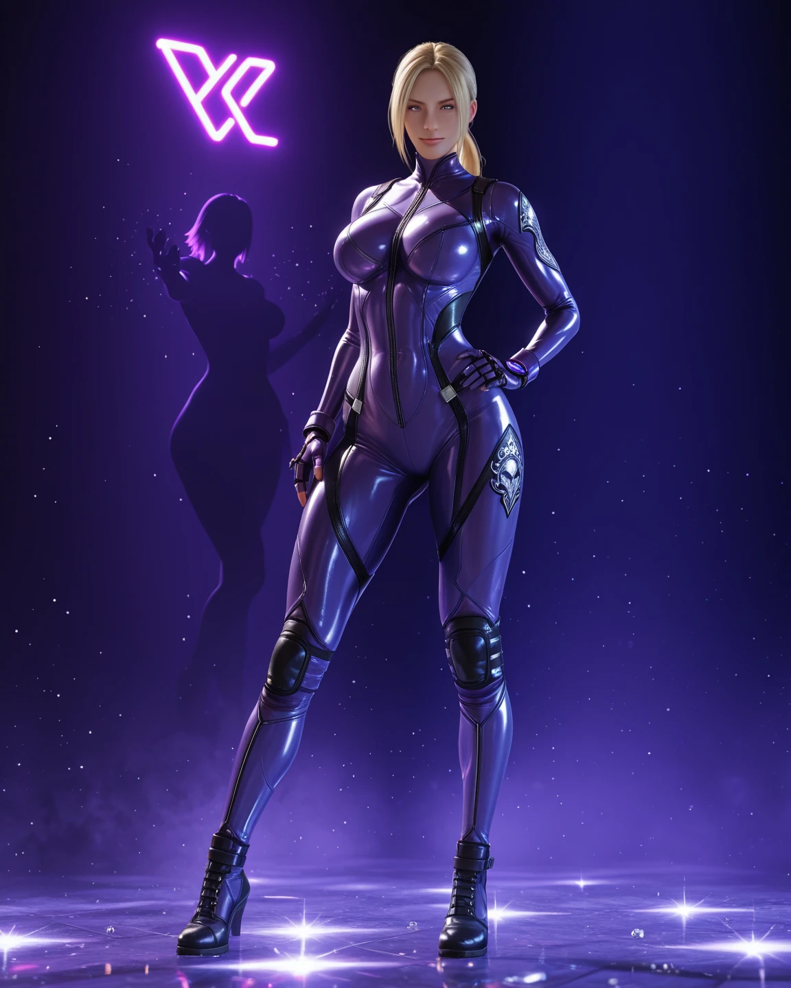a girl wearing mecha cyber armor,technology bodysuit,smart lines in the costume,cleavage,tech boots,tech gloves,(((dynamic seduction pose))),(mechanized valkyrie girl),full body,high heels,intricate details,hyper realistic,8k,award winning,cinematic lighting,dynamic pose,dramatic colors,complex patterns,futuristic,cyberpunk,chiaroscuro lighting,highly detailed,photorealistic,unreal engine,volumetric fog,advanced rendering, Hand aiming with gun..