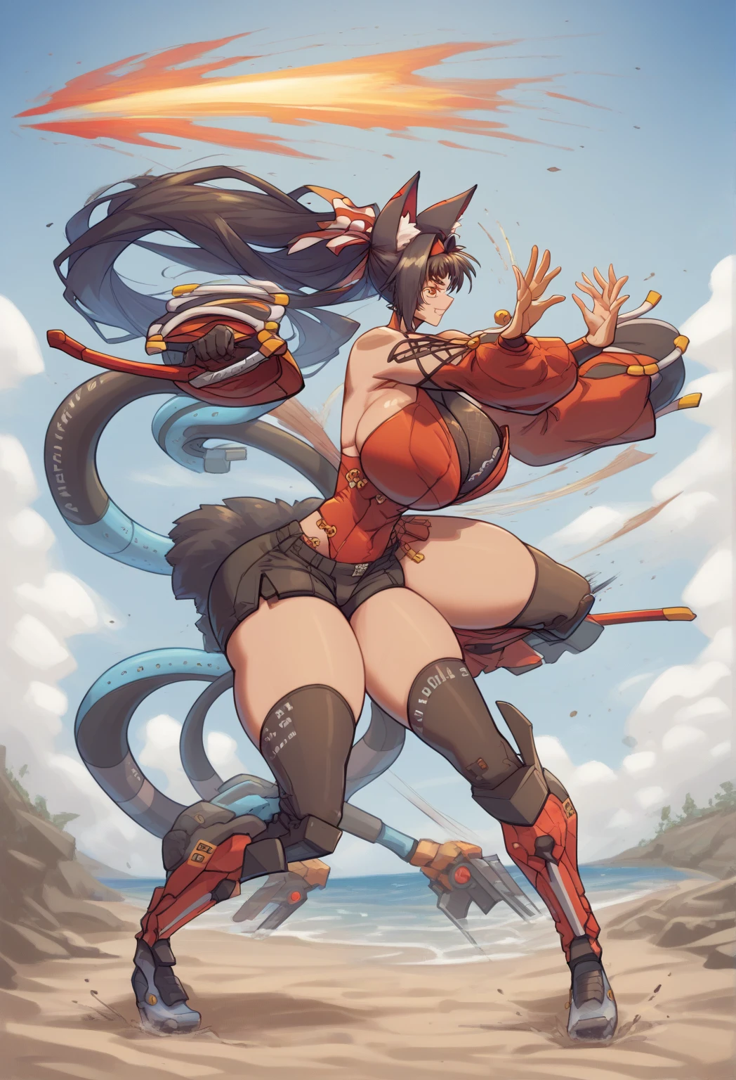 1girl, full body, orange tan skin, sexy body, big bust, bikini, no shoes, very short maroon hair, pretty girl face, lion ears, lion tail, attacking, grey background