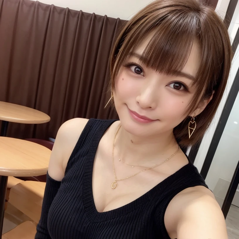 (highest quality, masterpiece), One girl, beautiful girl, Brown_eye, ((茶hair, [前hairありのピクシーカット] hair)), Earrings, lips, Short sleeve,Realistic, Tight waist, Charm, Colorful Makeup, Long eyelashes, Fair skin, (cute), (Detailed Face), 詳細ed eye, Detailed iris, Smiling face,Pose for the camera
