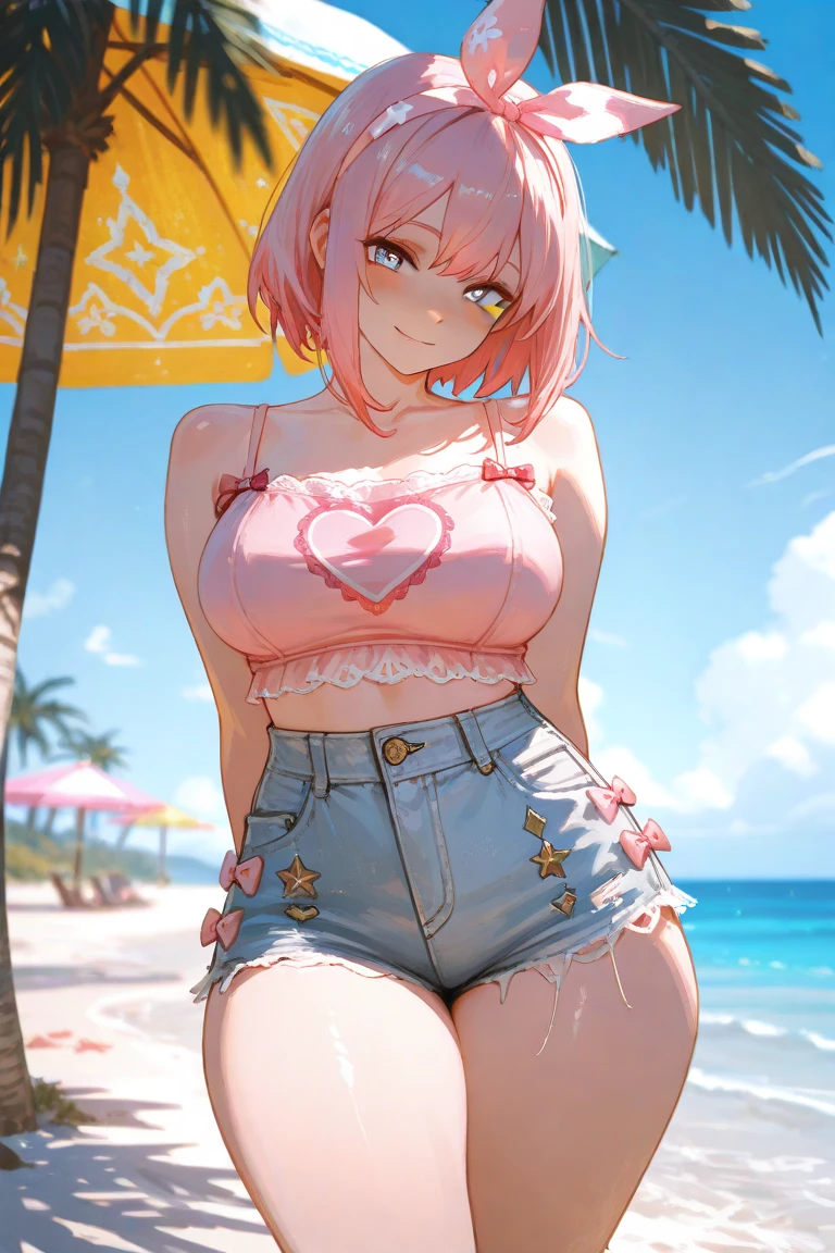 [nakano_nino, short hair, bangs, blue eyes, hair ornament, hair ribbon, pink hair, blunt bangs, two side up, butterfly hair ornament, large breasts], 1girl, anime girl, anime, 2d girl, (fullbody), standing, anime girl, ((blowing kiss to viewer)), heart, Solo, Slim, Tight Shorts, low waist shorts, upshorts, The night background, in front of beach house, distant mountain in the background, stars in the sky, looking at viewer, darker shadows, (((explicit))), (((shorts))), (((absurdres))), (((thigh gap))), cameltoe, (((cameltoe))), (((cleft of venus))), (((pussy outline in shorts))), (((pussy contour in shorts))), (((lowleg shorts))),