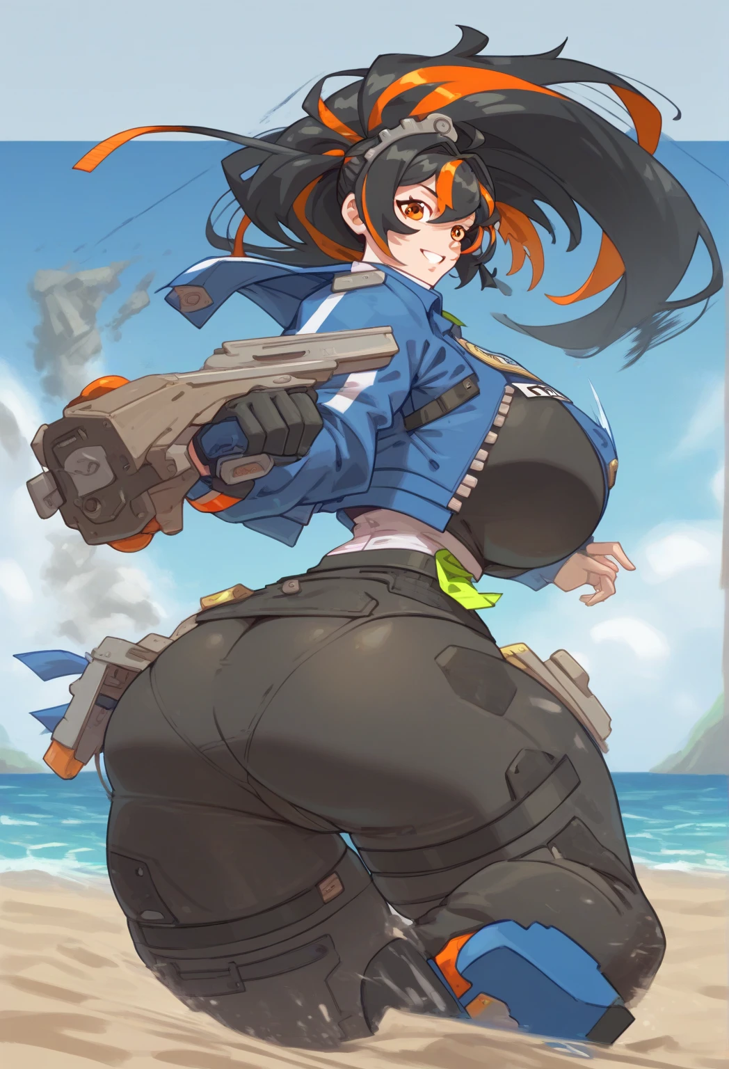 Young girl, Pullover, high cut leotard, whole body to see, angry smile , scream, pigtails hair, (( very wide hips)), (((colossal Thighs, gigantic thighs, very huge thighs, very big thighs))), fullbody, platform heels, pale skin, very Big breast, gun, cyberpunk, soldier girl , 