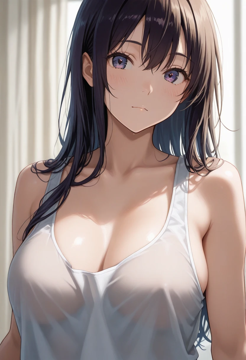 Pictures taken from the side, looking up, young woman, (naked apron: 1.4), sleeveless, (sexy back: 1), (wide open back: 1.2), (turtleneck collar: 1), (sleeveless: 1.2), (big: 1), (open chest), (side boob: 1.4), sexy face, sweat, wet face, wet body, brown hair, fluffy long hair