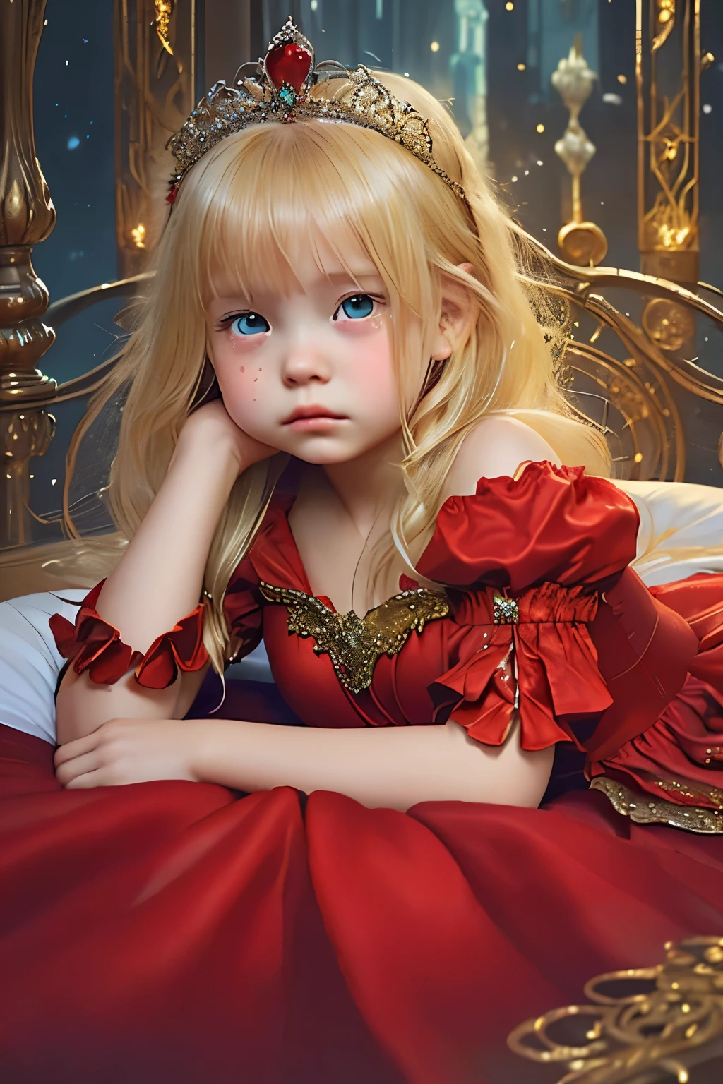 Little young girl, blonde hair,cute,fantasy, luxurious red dress ,tiara,red carpet,city,princess,young girl,evening,upper body,Sad,tears,is young,bed,