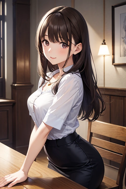 highest quality、nice sexy body、one woman、solo、((Beautiful busty woman:1.3))、((brown haired woman:1.3))、((straight hair woman))、long hair woman、Office Lady、((A woman wearing a white collared shirt:1.3))、A woman wearing a black pencil skirt、woman wearing brown pantyhose、smiling woman、garden
