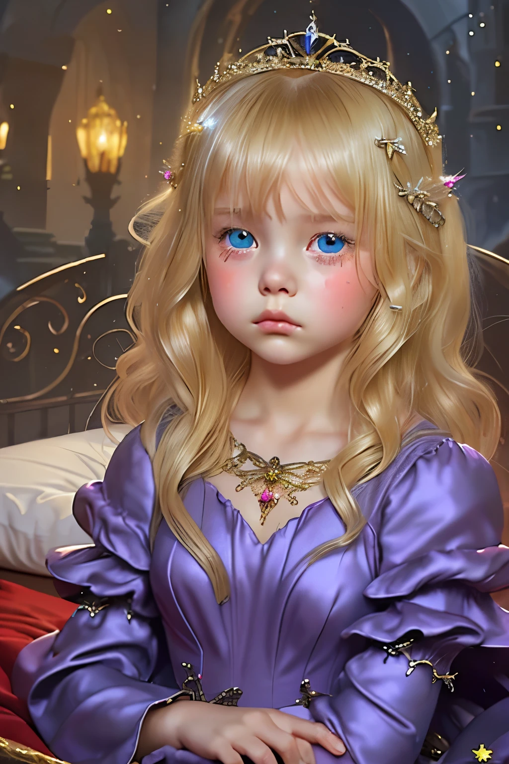 Little young girl, blonde hair,cute,fantasy, Gorgeous purple dress ,tiara,red carpet,city,princess,young girl,evening,upper body,Sad,tears,is young,bed