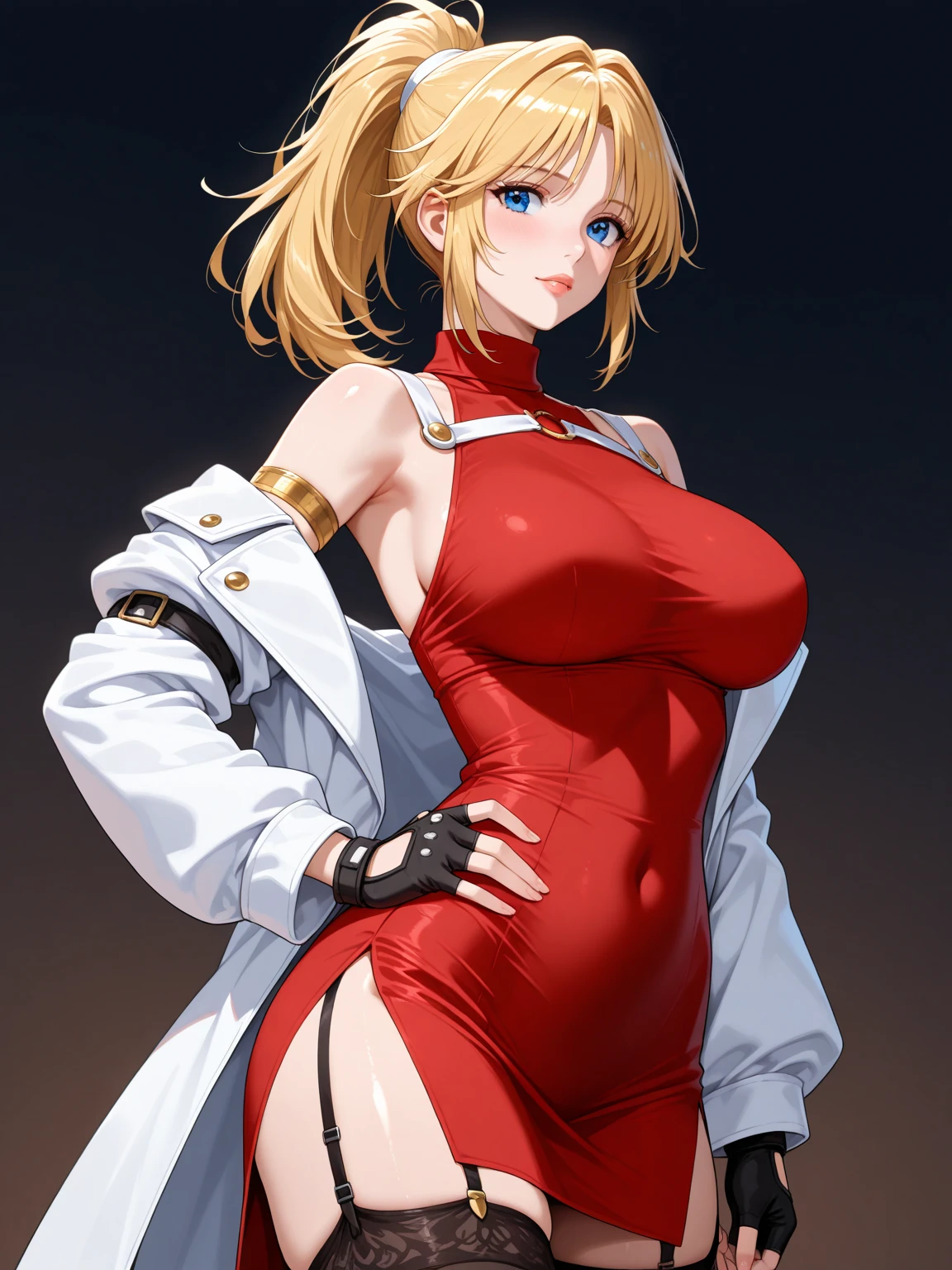 Hellsing Ultimate, Seras Victoria, 1girl, ((bimbo))), short blond hair, blue eyes, puffy lips, thick lips, wide hips, thick thighs, enormous round fake breast, huge ass, kiss face, tight yellow police uniform, breasts squeezed together, sitting, posing, night time, moon