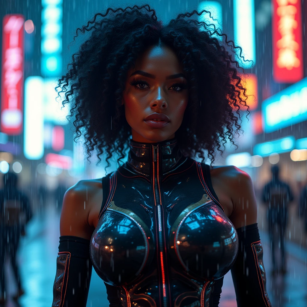 Here's the description with the character styled in a white Spider-Woman uniform: "In a striking cyberpunk metropolis, a vivid portrait captures the woman as a stunning bionic figure, confidently posing for the camera in a bustling future marketplace. She wears a sleek white Spider-Woman uniform that hugs her form, accentuating her powerful stature while showcasing her intricately designed bionic enhancements—glowing circuitry visible beneath the elastic fabric, pulsing rhythmically with the neon lights surrounding her. Her radiant skin glows under the kaleidoscope of colorful holographic displays advertising futuristic products and services, creating an electrifying backdrop that enhances her presence. Her afro hair, now interwoven with delicate filaments of light, frames her face beautifully as she gazes directly into the lens, her synthetic eyes brimming with confidence and allure, embodying both strength and elegance. The air is charged with the sounds of lively conversations and the whir of drones delivering goods, but in this moment, she commands the scene, a captivating figure amid the vibrant chaos. A digital projection of upcoming tech innovations glimmers beside her, showcasing art and messages of social change that resonate deeply with her powerful presence. (Radiant neon lighting, deep contrasts, and sharp details), 160-color support, filmed on ARRI ALEXA 65, creating an immersive experience that feels both surreal and breathtakingly real. Shot by Don McCullin, this image connects her striking bionic features, echoing those of Angelina Jolie, with the heart of a futuristic world, capturing a moment that’s as enchanting as it is transformative." beauty, cyberpunk, bionic, futuristic, Spider-Woman, model, elegance, urban, glamour, fashion, stunning, radiant, neon, confident, striking, innovative, artistic, technological, sophisticated, captivating, immersive, gritty, cultural, portrait, beauty photography, professional model, avant-garde, urban landsc