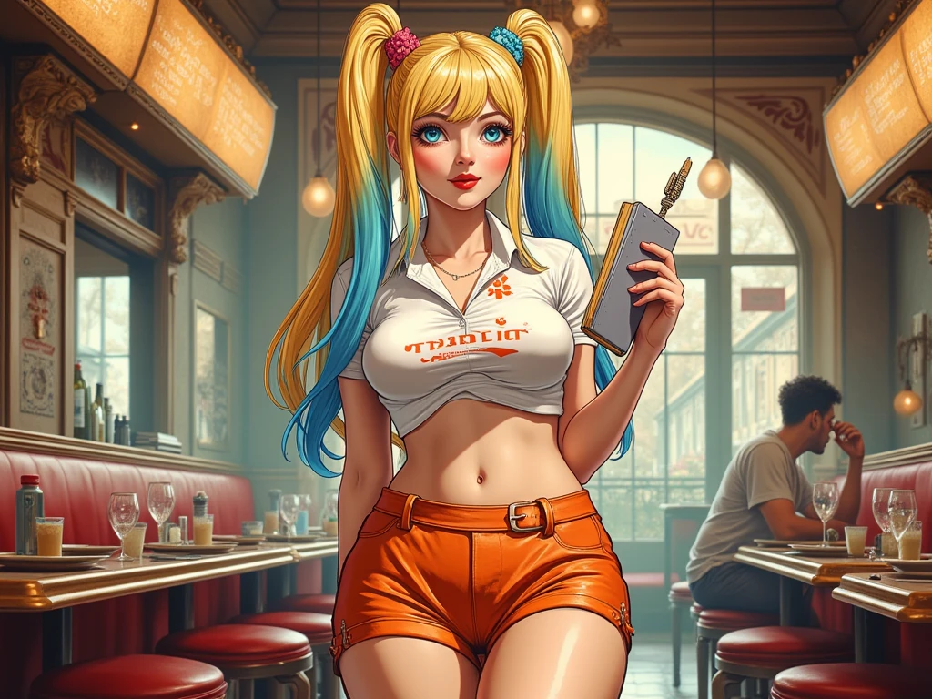 Detailed multicolored proportions and textures with spray and airbrush, presenting a semi-realistic illustration featuring a crop top and shorts made of fine fabric in the style of a Hooters restaurant waitress uniform, where white and orange tones predominate, mixed with bright colors (full body, with a confident and Kawaii posture, playful gaze, bright blue eyes, defined eyebrows, long eyelashes, perfect face, full lips, huge round breasts, flat stomach, wide hips, slim waist, thick thighs),Her long, straight blonde hair is tied in two ponytails (long with multicolored tips) that fall over her shoulders on either side of her head. Her uniform consists of a short, orange-and-white patterned shirt, beautifully decorated like a Hooters restaurant waitress uniform, with A-line sleeves and shorts with matching socks. In the background, an elaborate Hooters restaurant creates an atmosphere of mystery. The scene is a full-length view of a waitress holding a notepad to take orders. The overall composition of the image is a crisp, sharp, and high-quality masterpiece. very balanced saturation across very defined color palettes (Color with intense monochromatic shaded tones and brightness, red hue 25% + yellow 25% + blue 25% + biofluorescent 12.5% + transparencies 12.5%. Aesthetic fusion by (Fibonacci ratio. A realistic cosplay of a young harley quinn. of a young harley quinn (Includes a variety of pink skin and dark beige tones that give it contrast and brightness) type of character. Fluid texture that gives the sensation of movement to the leafy style that molds to the figure (her clothing with relief and folds gives volume and depth to the character). Haute couture photoshoot (high quality full body). Highly detailed and sharp soft focus, approaching perfection, Full HD 8K. High and low angles. by Coco Chanel, Gianni Versace, Alberto Vargas, Greg Rutkowsk fusion of artistic styles