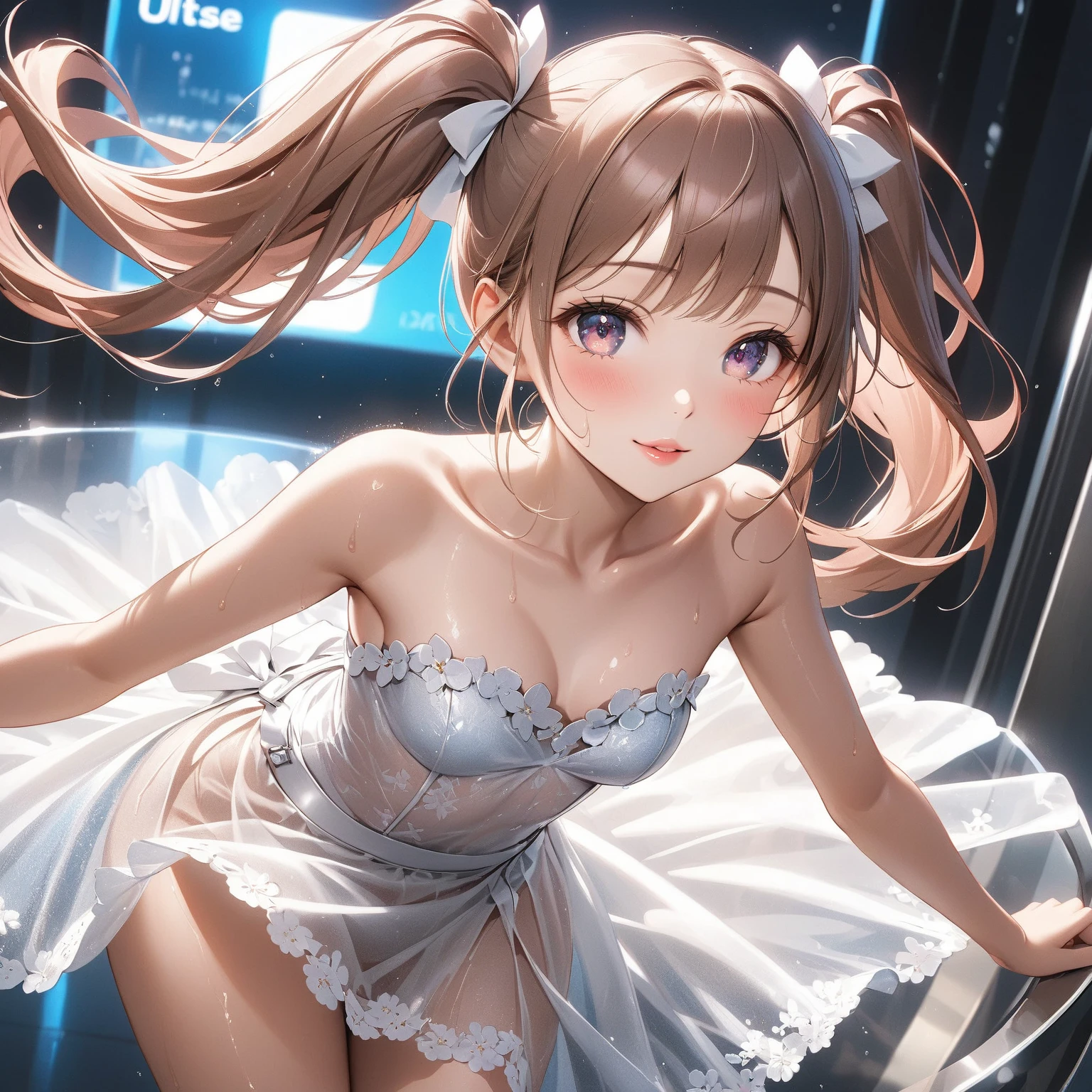 Panty shot、Beauty、Wet Hair、Wet body、short brown hair、((whole body))、(((Photo taken from below))、indoor