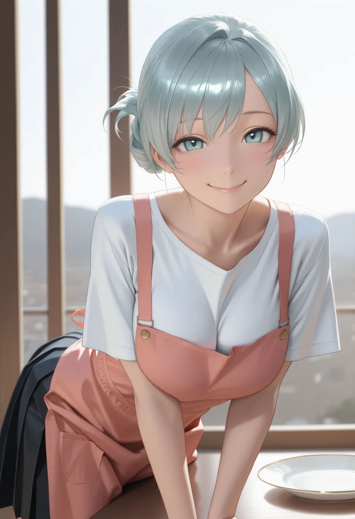 tehepero, dojikko pose, masterpiece, best quality, amazing quality, very aesthetic, high resolution, ultra-detailed, absurdres, newest, scenery, BREAK, depth of field, volumetric lighting, (masterpiece, best quality, absurdres, detailed,perfect quality, amazing quality, very aesthetic, absurdres, newest, ultra-detailed:1.2), extremely detailed, modern, very awa, crisp, sharp, beautiful eyes, fine textures, clean skin, 1girl, 18yo, cowboy shot, BREAK a japanese cute sexy girl with silvery white hair in an intricate asymmetrical updo. The back of her hair is short and bunched high with the ends fanning out. The left side of her hair frames her face with long, loose strands, while the right side of her hair is loosely swept back over her ears and bunched together with the back hair, creating a slightly unbalanced but elegant look. A high, luxurious hair accessory on top adds a unique and fashionable touch to the hairstyle. Her hair catches the light and gives off a shiny, metallic shine. BREAK ((glossy silver eyes:1.5)), (cute eyes, tareme, twinkle eyes), (large breasts), cute face, beautiful face, pretty face, beautiful, good anatomy, long eyelashes, expressive eyes, Perfect Hands, happy, smile, glossy lips, (close mouth:1.2), perfecteyes, BREAK 1girl, ((black skirt, white shirts:1.5), ((pink apron wearing over the shirts and skirt)), close mouth, close eyes, Cheer, smile, happy, (beautiful standing pose:1.5), BREAK 1girl, morning, daylight, sunshine, (she carries a white ornate ceramic plate with onigiris on it with her hands), good smile. one eye close. BREAK soft lighting, (masterpiece, best quality), (cute, 8K, perfect lighting, perfect anatomy), absurdres, (best quality), (ultra-detailed:1.2), high res, very aesthetic, ultra-detailed, cinematic, masterpiece, best quality, sharp outline, detailed eyes, high gradient eyes, high definition eyes