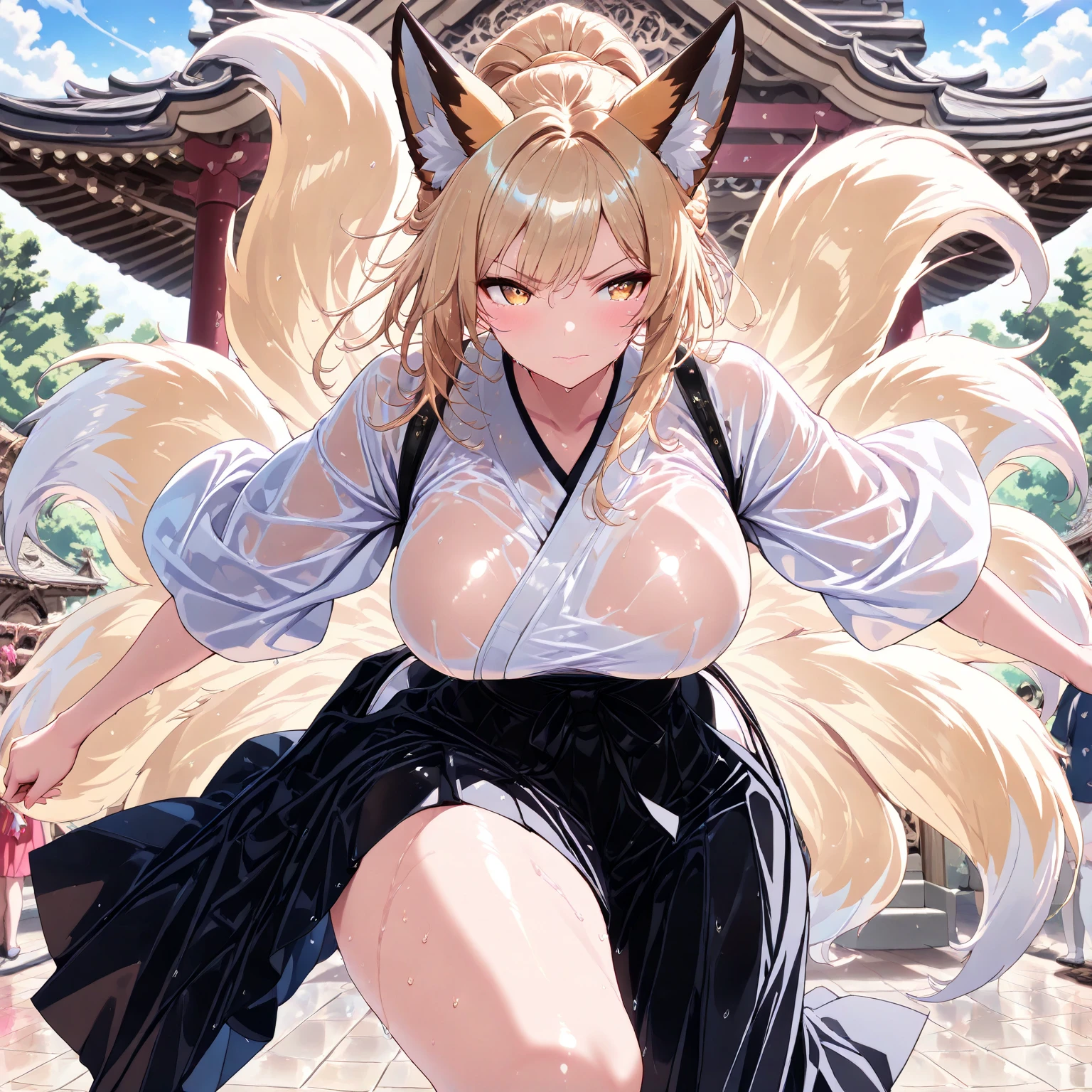 best quality, masterpiece, 1girl, raytracing, ultra detailed,detailed face, 8k wallpaper, (wide hips:1.2), <lora:more_details:0.5>, Yasaka_NDV, 1girl, blonde hair, large breasts, long hair, ponytail, fox ears, fox tails, yellow eyes, japenese clothes, cleavage, yellow kimono, makeup, outdoor, smile, dynamic, <lora:Yasaka_NDV:0.7>