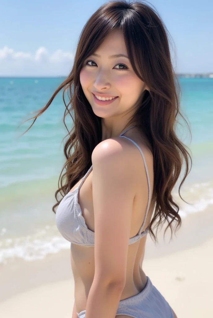 (RAW Photos, Highest quality), (Realistic, Photorealistic:1.3), masterpiece, Very delicate and beautiful, Soft Light, Beautiful detailed girl, 1 girl, Japanese, Pure beauty, smile, Beach, sexy, back, Hair with movement