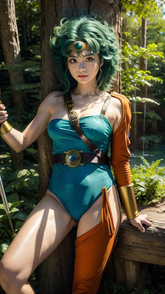  masterpiece,highest quality, Unreal Engine, Ultra-high resolution, Very detailed美しい胸, Small breasts, Beautiful cherry-colored areola、Erect nipples、Shaven、1 person,  Waist, thin,
 heroine, 
Circlet, Curly Hair, Green Hair, short hair, Asymmetrical clothing, leotard, belt, One-handed gloves, One sleeve, Single thigh high cave, Holding a sword,, Key Visual, Vibrant、 Very detailed、smile、She is undressed and exposing her breasts、Exposing the genitals、Take off your leotard and expose your breasts、Exposing her breasts