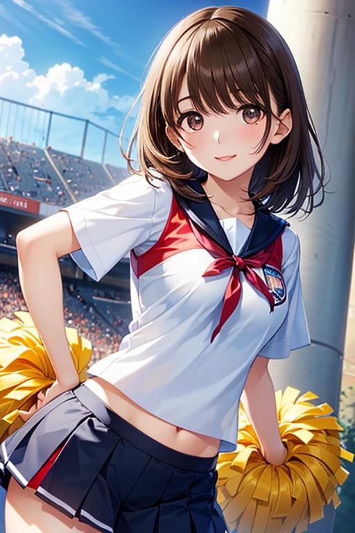 (cheerleaders:1.3)、(stadio:1.5)、(tiny chest:1.4)、a closeup、Raw photography, top-quality, hight resolution, (masterpiece), (Photorealsitic:1.4), Anime Cosplay, foco nítido, nffsw, 8K分辨率, intricate detailes, depth of fields, the Extremely Detailed CG Unity 8K Wallpapers, front lit, girl with, Smile、(A slender:1.3)、(Shot from directly below:1.5)、Wear a baseball cap on your head、see -through、Flipping up the skirt to show striped panties、Cheerleading pom-poms in hand、(stick out buttocks:1.4)