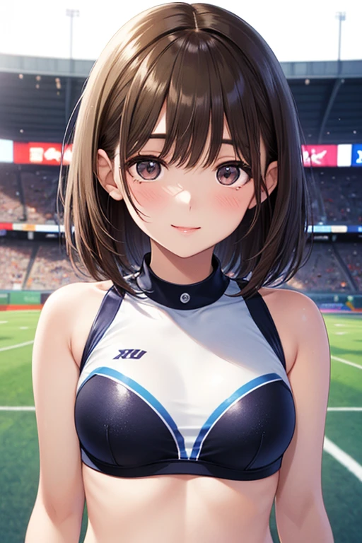 anegasaki nene、Shiny brown hair, short hair, (Beautiful brown eyes、Sparkling eyes, Fine grain)、smile、Ultra-detailed eyes、Very detailed顔, Very detailed目,
(One girl, alone, alone),, Very detailed, Soft indirect lighting, 4K, Perfect Eyes,Perfect lighting,
( Gymnast, Wearing a leotard, Performance at the gymnastics stadium.), Ultra-detailed, photorealistic rendering of a gymnastics arena、(Gymnastとしての厳しいトレーニングと献身を反映している。, A captivating expression of her strength and grace.)