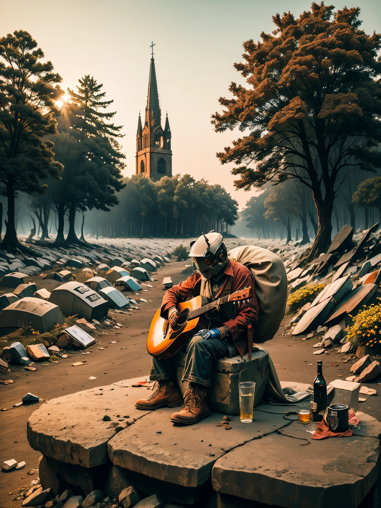 wilderness,(A very poor old mech sitting on a rock and playing a guitar:1.3),(Guitarist),(is sitting:1.2),rust,and dark and fantastic, distant skyline ,gothic,moss,(small white flower ),(cemetry),Gothic church,(blood-red moon),Gothic elements,Wildfire,cold, dark