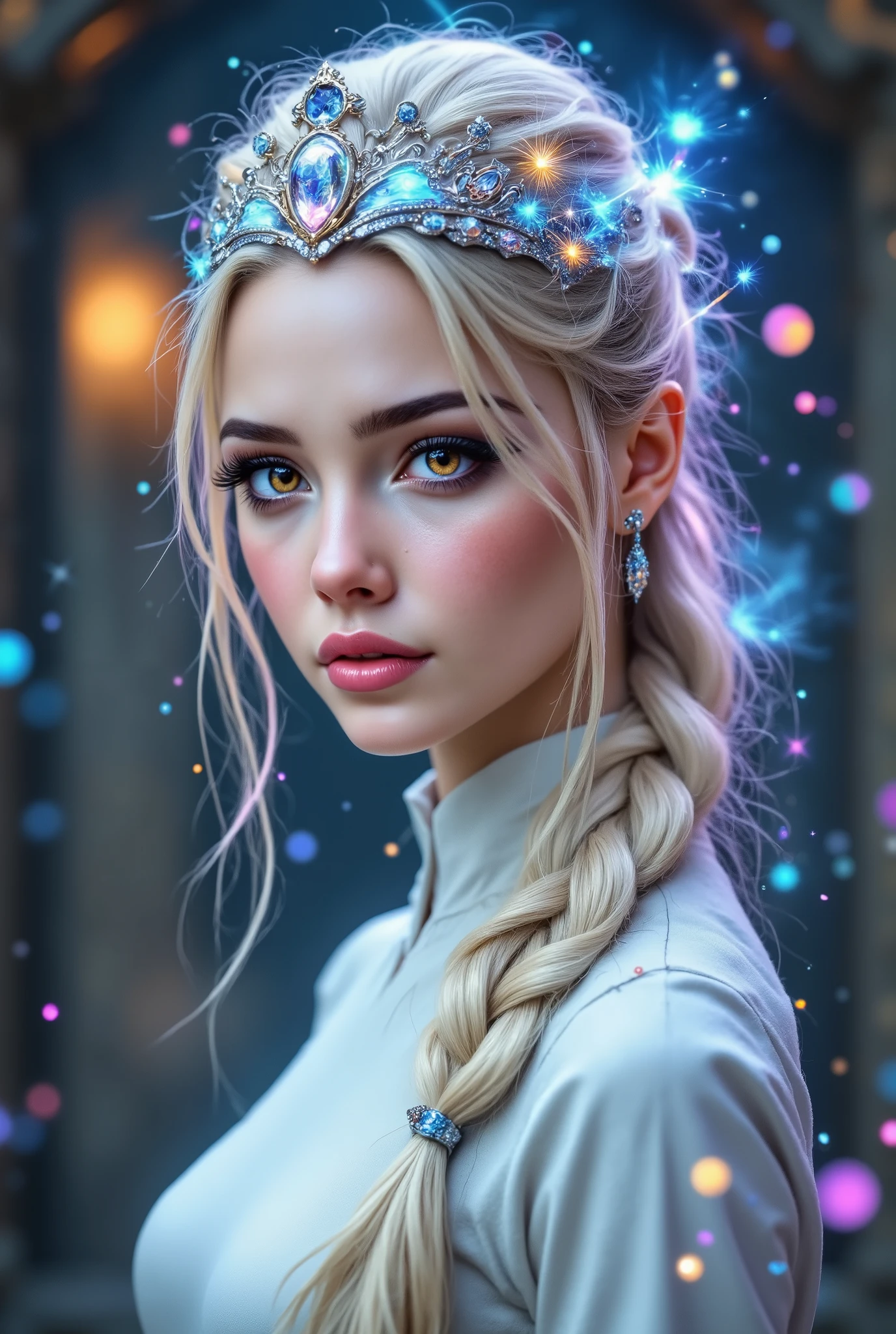  [Style: "masterpiece, realistic, (photorealistic Realism), ultra-detailed, Hyper high resolution" - "(Hyper quality, intricate ultra-detailed digital art)"](Key Directive: - ("The priority is the anatomical accuracy and texture of the materials" - "Ultra-sharp human eyes with biological accuracy") "{Eyes:(acid-resistant terminology)(macro-details:1.3): Moist corneal surface(visible aqueous layer:1.2)Hyper-detailed iris stroma ((brown:1.3) with gold flecks) Precise limbal ring (slightly neons pigmentation:1.25)Pupil micro-texture (irregular edge authenticity:0.9) * Vasculature in sclera(subtle red veins radiating from limbus)" - "Lashes: blue individual synthetic fibers (crosshatched roots:1.2,clump-free separation)" | Hair: "white braid with split-end realism(neon light diffraction patterns)" | Pose: "combat-ready stance (plausible spinal twist)" Technical Specs:(Optics: - "Zeiss Otus85mm f/1.4 lens(eye refraction calculations:0.66)" - "Shutter Speed:1/500(freeze eye micro-movements)" - "Focus Stacking:7-point coverage on iris plane") (Post-Processing: - "Frequency separation for skin vs eye details" - "Selective sharpening: eyes180%,hair120%" - "Denoise: luminance20,color35(retain corneal speculars)")(Avoid: "pupil distortion, uncanny valley asymmetry, plastic-like wetness") a fairytale-like picture , beautiful princess님, full body photo, A well-drawn fairy tale, beautiful princess, , a fairytale-like picture , Detailed description, A well-drawn fairy tale, Vivid expression , Detailed facial features, Luxurious Outfit, colorful jewelry, graceful posture, Fantastic Backgrounds, magical atmosphere, Sophisticated contrast treatment, Detailed texture expression, Precision drawn with expert craftsmanship, Vibrant colors, Detailed texture expression,(Rendering engine: "Unreal Engine 5 path tracing, 16K texture maps") Anisotropic Filtering,Maximum Sharpness and Sharpness,Albedo and Specular maps,Surface Shading,Precise simulation of light-material interactions }