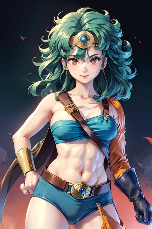 Anime Artwork Anime Artwork Masterpiece,most、high quality, Unreal Engine, Ultra-high resolution, Very detailed丸い胸, 1 person with medium chest,  Waist, thin,(Muscular:0.9)
 heroine, 
Circlet, Curly Hair, Green Hair, short hair, Asymmetrical clothing, leotard, belt, One-handed gloves, Single Sleeve, Single Thigh High Cave, Holding a sword, . Anime Style, Key Visual, Vibrant, Studio Anime,  Very detailed、　I'm running out of life. ragged equipment. kneel on one knee. be attacked by fire by the enemy.put in fetters.