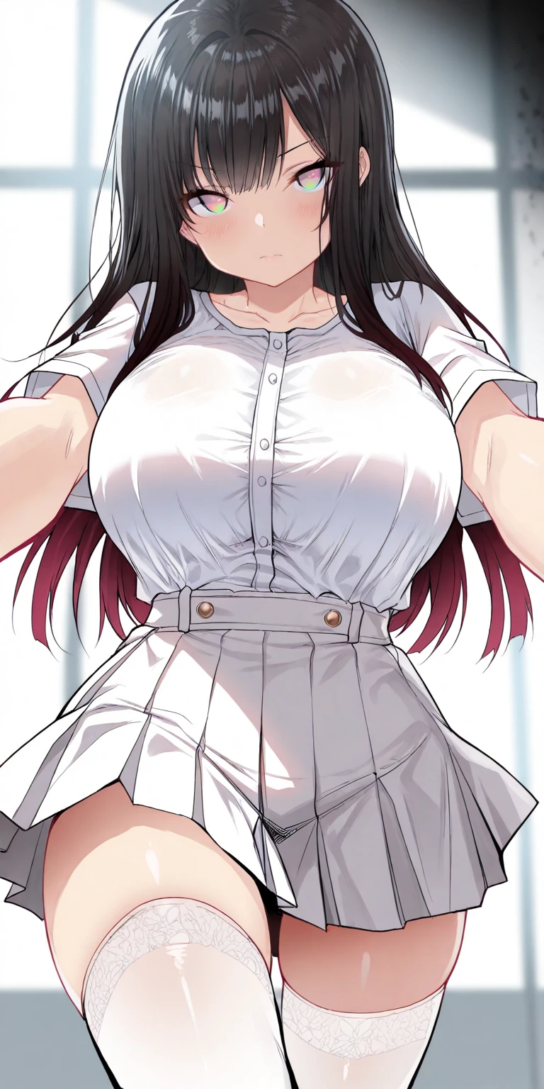 ((highres)), Masterpiece, high quality, best quality, beautiful, perfect lighting, detailed face, ultra cute face, looking at viewer, (((1girl))), (((solo))), long hair, fluffy hair, brown hair, ponytail, green eyes, ((blush)), white tank top, short red pleated skirt, thigh highs, chocker, large breasts, cleavage, perky breasts, (wide hips), (thick thighs), chubby belly, standing, fast food restaurant, arms behind back,