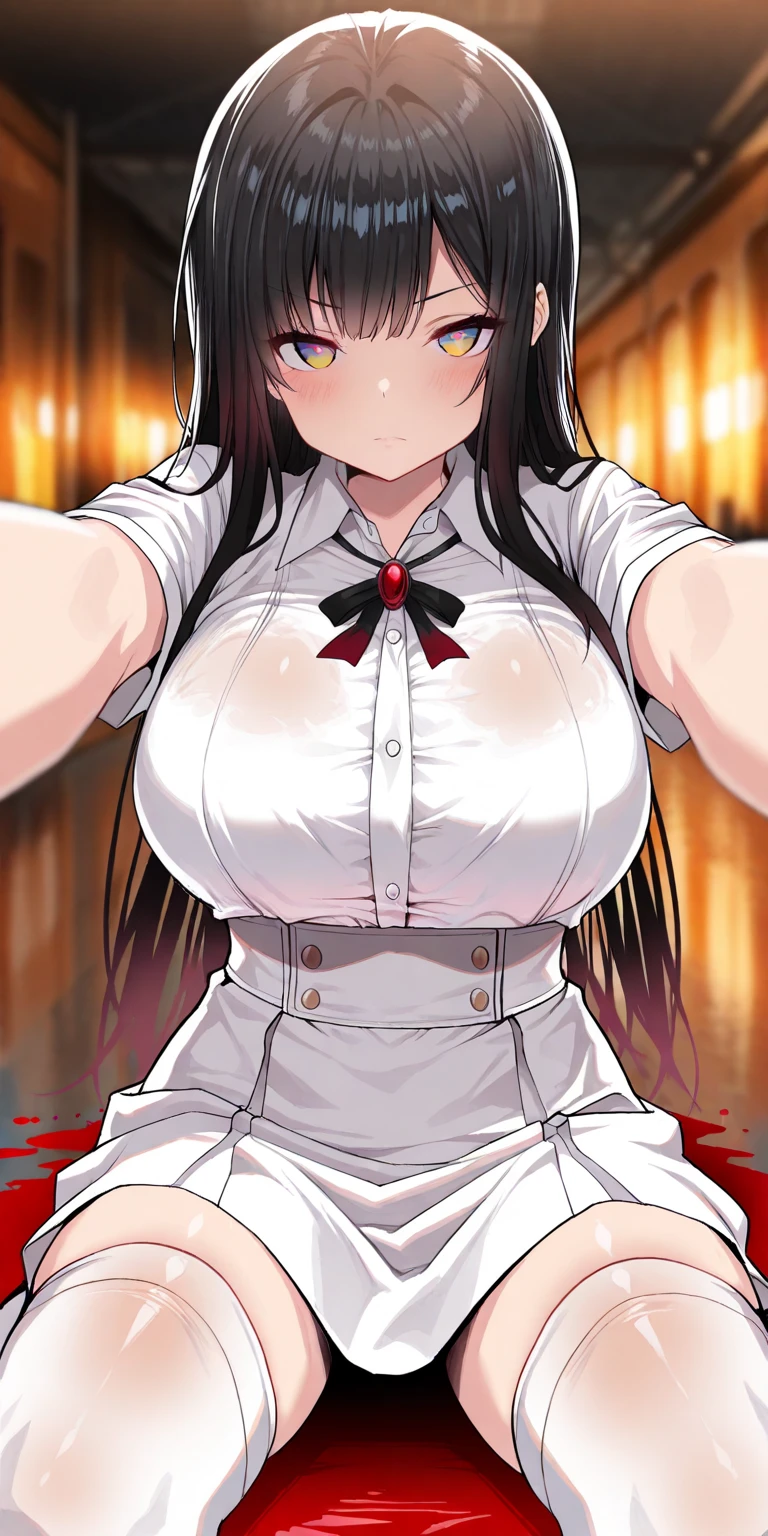 ((Yatsu Murasaki)),,Bloody clothes,littleblood is flowing from the mouth,Weakened woman,arms up,shibari,