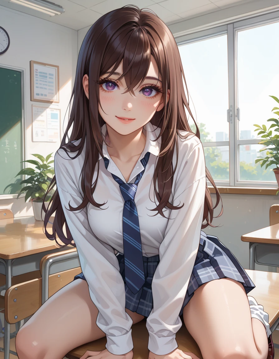 17-year-old girl, uniform, missionary sex in classroom, creampie, brown hair, purple eyes, orgasm face