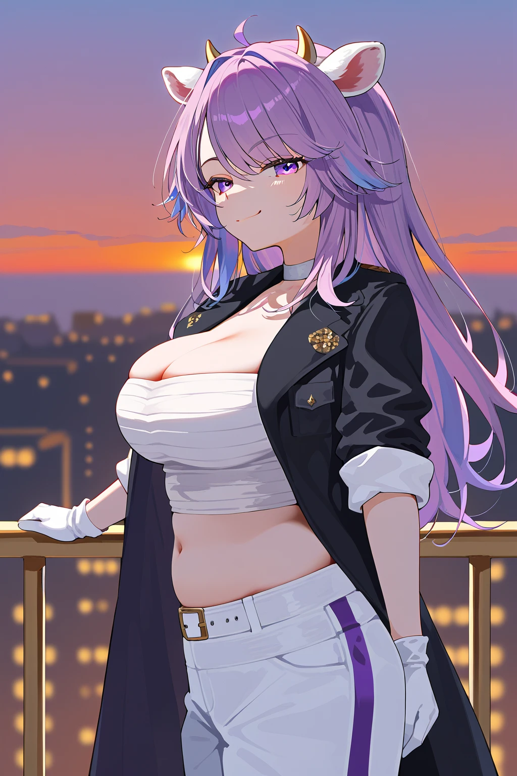 Tang Wutong, big boobs, wearing a white buttoned sweater and a black skirt, cleavage, walking, city