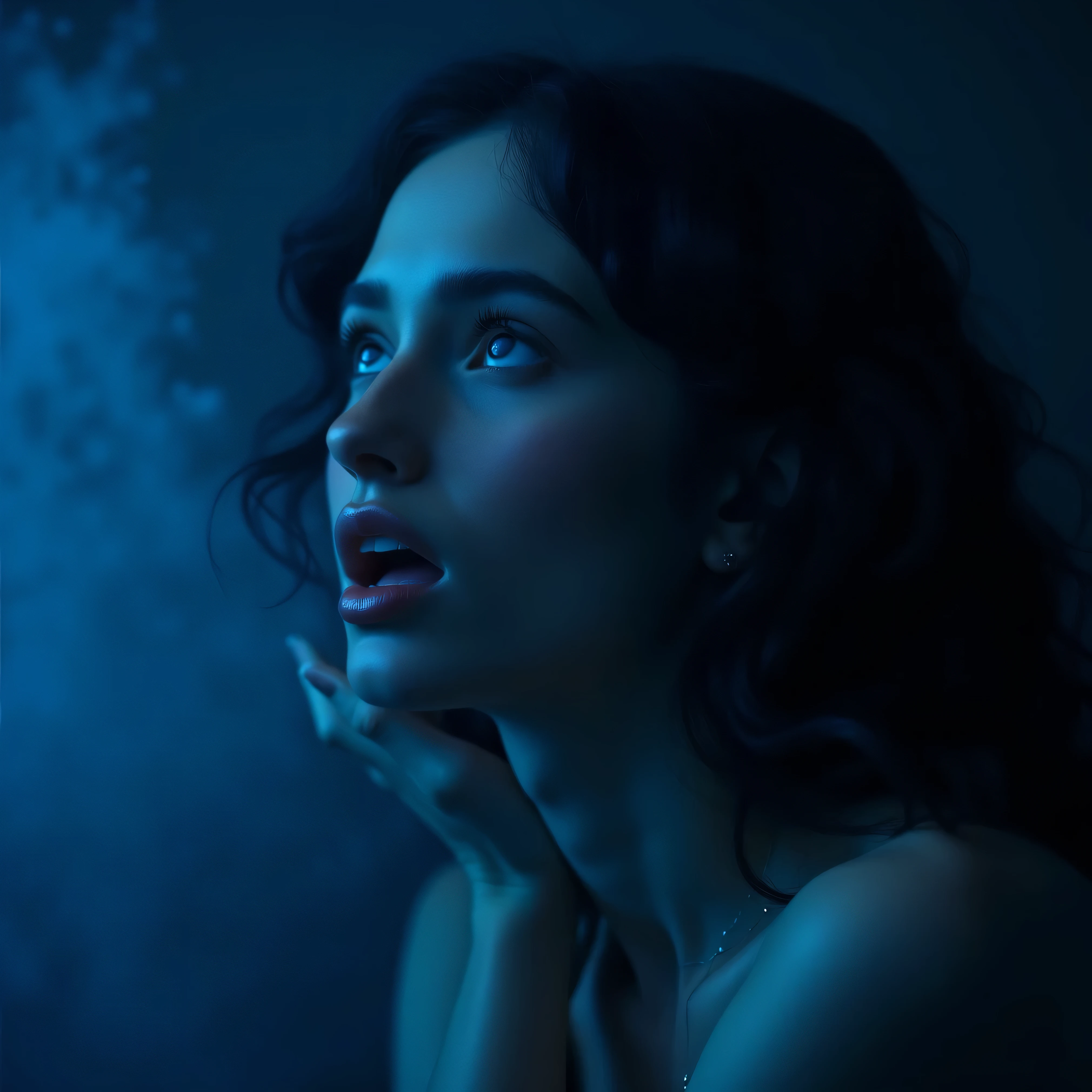 A close up portrait dramatic artistic shot of a young beautiful woman with dark wavy hairstyle, looking up, open mouth, closed eyes, veiny hairless male hand on her neck, cinematic shot, cinematic composition, thick mist, ((((deep dark sapphire blue color)))), at night, darkness, shadow, masterpiece, digitalart, painting, split complementary palette, muted, monochromatic, achromatic, (cinematic artistic composition), best quality, (ancient feel), philosophy, (flickers of floating glowing tiny blue particles), (((digital art style))), brushstrokes, artistic, sunset hard edge rim lighting
