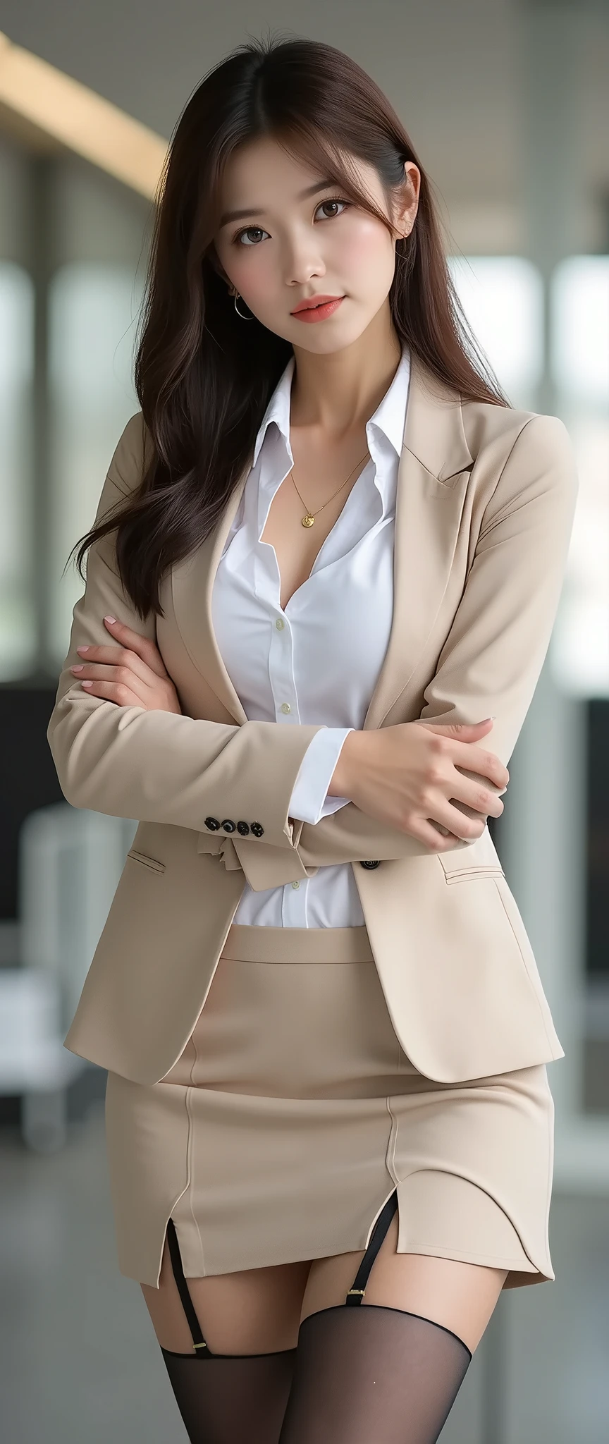 Beautiful female office worker 、 Opposing Pose 、(Sexy Japanese OL Full Body)、Sexy pose where the foot is opened by putting weight on one leg、Ultra low angle shooting、(Accentuate your long legs)、 beautiful feet、 beautiful feet、 beautiful feet、Standing in a Big Office、Slim Female Secretary、 thin and tall、 Natural and reasonable posture 、sexy pose putting weight on one leg and opening her legs、S字curvy、 open、 legs wide open、 Standing Confidently 、curvy、beige sexy business suit、 amazingly tight micro miniskirt 、Skinny micro mini skirt 、super short tight micro miniskirt、things that seem to show buttocks and panties、 stockings、 shirt with wide open chest 、 Big Breasts、 Chest Valley、 very thin waist 、 very long legs 、 high heels、Beautiful Legs with Attractive Thighs 、 big butt、 Amazingly Cute Face 、small face、 long eyelashes、 natural double eyelids 、 eyeliner、 details、超薄型の黒 stockings、 light brown hair、 short bob hair、high nose、 see here、 Fresh Smile、 完璧な比率、 Anatomically correct body