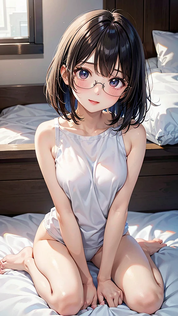 (​masterpiece、top-quality、hight resolution、photos realistic、real looking skin:1.1)、Japan girl at 25 years old wearing glasses、full bodyesbian、(very small breasts:1.5)、Beautiful eyes、Shining eyes、embarrassed from、Short side ponytail、no bra、Chest Pochi、(Sheer white tank top:1.5)、is standing、(arms behind back:1.5)、(Bedroom at night:1.5)、(Girls' Panties:1.5)、nsfw
