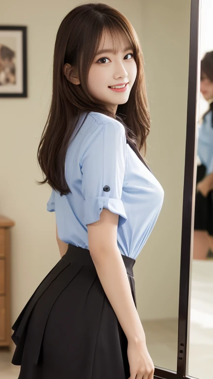 (masterpiece:1.3)、Very fine finish、(High resolution、8k:1.3)、highest quality、Beautiful Hands、Beautiful Hands指、(Ultra-realistic as a photo:1.3), ((超High resolution)),8K,13 years old、Leaning forward to reveal cleavage、slender、Small breasts、Flat Chest、Small breasts, , ponytail,  Blue mini skirt, Navy blue Y-shirt、Small breasts cleavage 2:1,Idol Sculpture, Wet, smile、Pink wall、sexy、slender、Well-shaped small breasts、I can see your thighs、