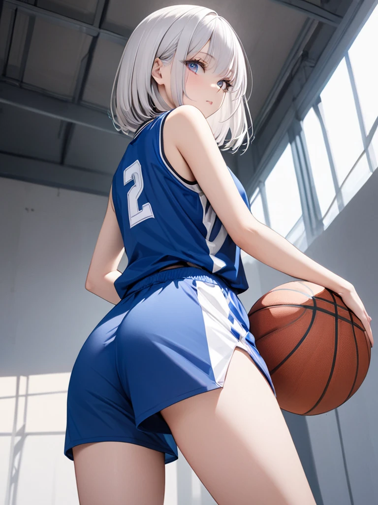 (masterpiece:1.2) , (((Highest quality))), 1girl, white silver hair, bob with bangs, blue pupils, slim body, wearing basketball uniform, BREAK, from behind, from below, cowboy shot,