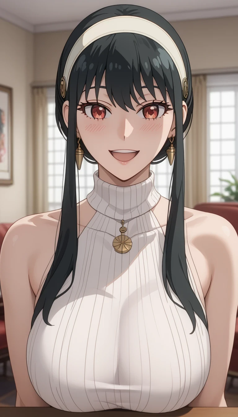 score_9, score_8_up, score_7_up, source_Anime Top Quality、8k、 masterpiece、super high accuracy、 natural light、perfect anatomy、one woman、Big Breasts、saggy breasts:1.7、black hair、yor foger、(fun、happy)、sleeveless rib knit sweater、High Neck、(((side pring park、Highlight your chest、Photographing the upper body