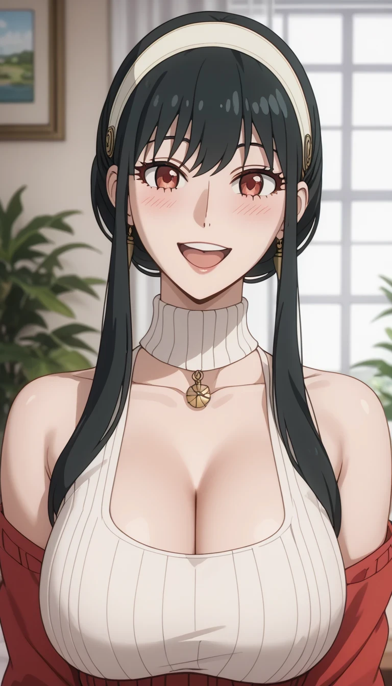 score_9, score_8_up, score_7_up, source_Anime Top Quality、8k、 masterpiece、super high accuracy、 natural light、perfect anatomy、one woman、Big Breasts、saggy breasts:1.7、black hair、yor foger、(fun、happy)、sleeveless rib knit sweater、High Neck、(((side pring park、Highlight your chest、Photographing the upper body