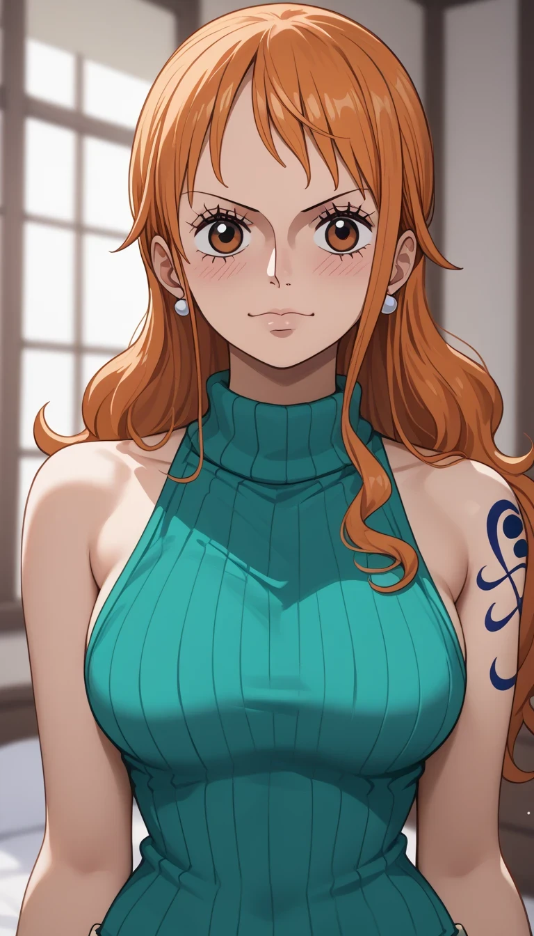 score_9, score_8_up, score_7_up, source_Anime Top Quality、8k、 masterpiece、super high accuracy、 natural light、perfect anatomy、one woman、medium breasts、saggy breasts:1.7、one piece、nami、(embarrassing:1.5、undulating mouth)、sleeveless rib knit sweater、High Neck、(side pring park、Highlight your chest、Photographing the upper body