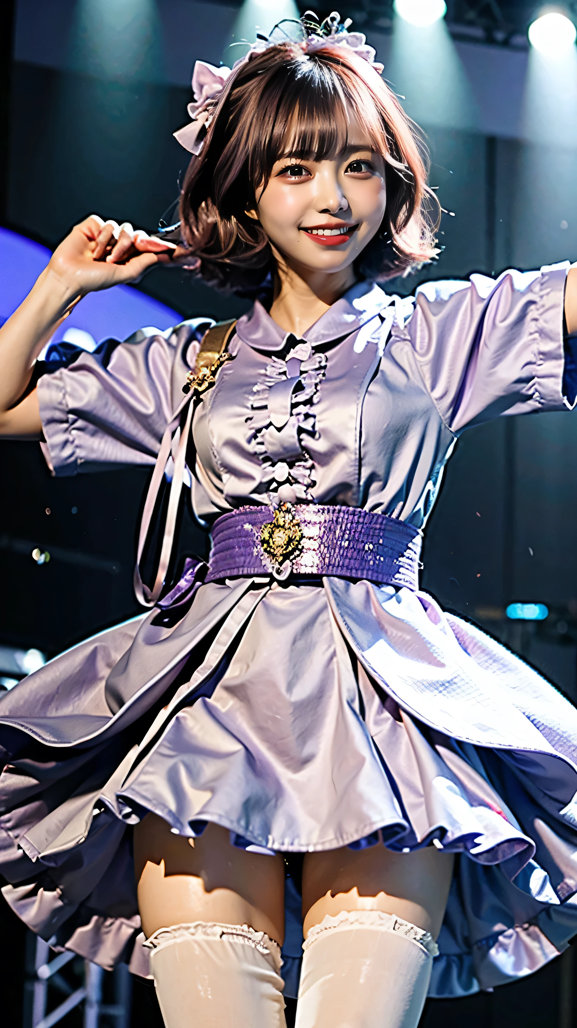 live action、idol、Skirt Outfit、lavender-colored costume、The skirt is frilly、 skirt flutters 、
lavender-colored pumpkin pants are visible in the skirt、
Jump up and down on stage in a cute way、skirt flips up、
Short Bob Cut、 Hair、bangs、
big breasts
bowl-shaped chest
skin texture
Whitening skin、
thighs、thighsフェチ、legs in Shibafu、
smile、可愛いsmile、
20 year old women