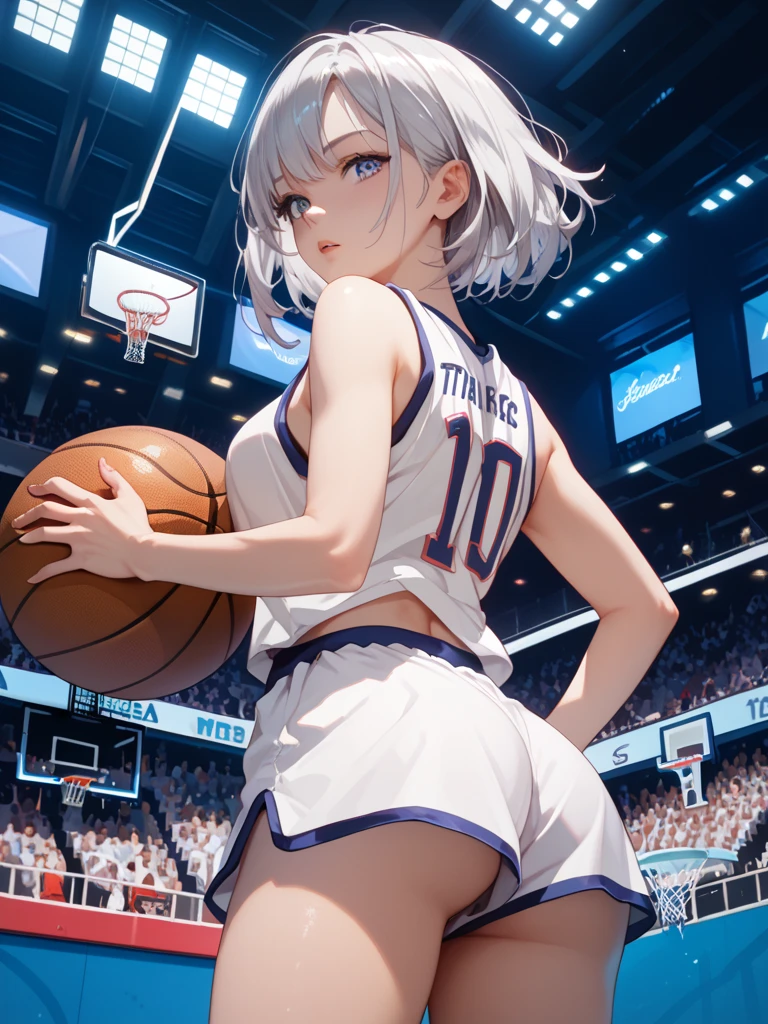 (masterpiece:1.5) , amazing quality, 1girl, white silver hair, bob with bangs, blue pupils, slim body, wearing basketball uniform, BREAK, from behind, from below, cowboy shot,