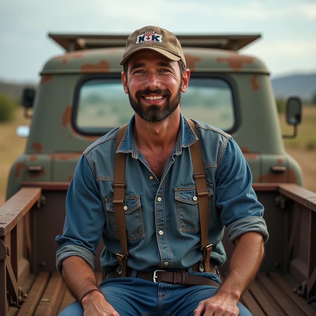 He sits on his truck and looks at the camera with his face visible and smiles