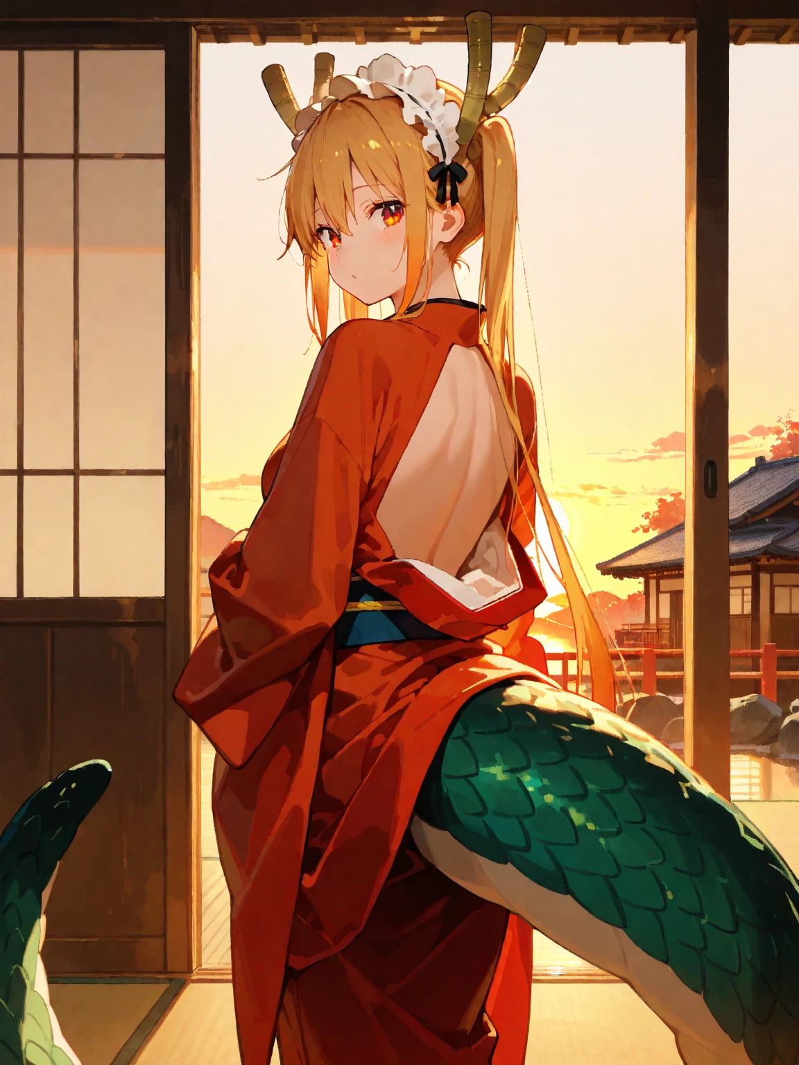 TohruDM, WTail, 1girl, full body, Woman body set big breasts, Stretch meat, kimono, obi, black kimono, red obi, wide obi, cleveage, busty, big, no panties, no bra, beautiful alluring anime woman, seductive anime girl, artwork in the style of guweiz, japanese dress, trending on cgstation, guweiz on pixiv artstation, with ancient japanese clothes, blond hair, smiling, dragon tail, happy girl, 
