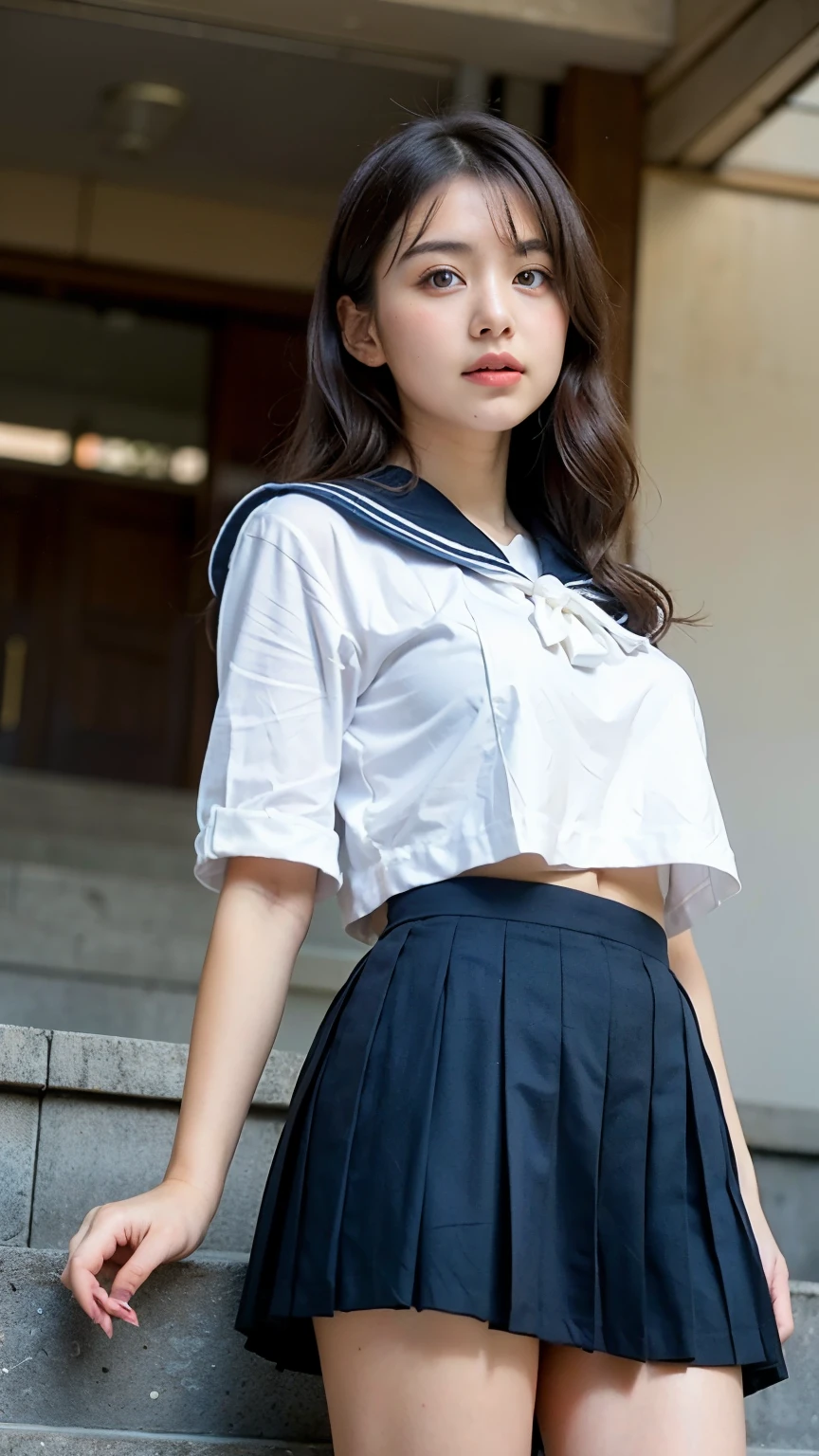 (Best Quality, 8K, 32K, masutepiece, nffsw:1.2), (Raw photo), (Realistic), (Photorealistic:1.2), (High resolution), Ultra-detailed, Extremely beautiful face & Eyes, 1girl in, (Lori, :1.2), Young Woman, round small face, thin waist, huge-breasted, slim proportions, (japanese sailor suits, sailor fuku, serafuku, Japanese school sailor uniform, darkblue pleated skirt:1.27), (From below, White thong, Crotch:1.24), (((Inside the cabin of a futuristic spaceship)))