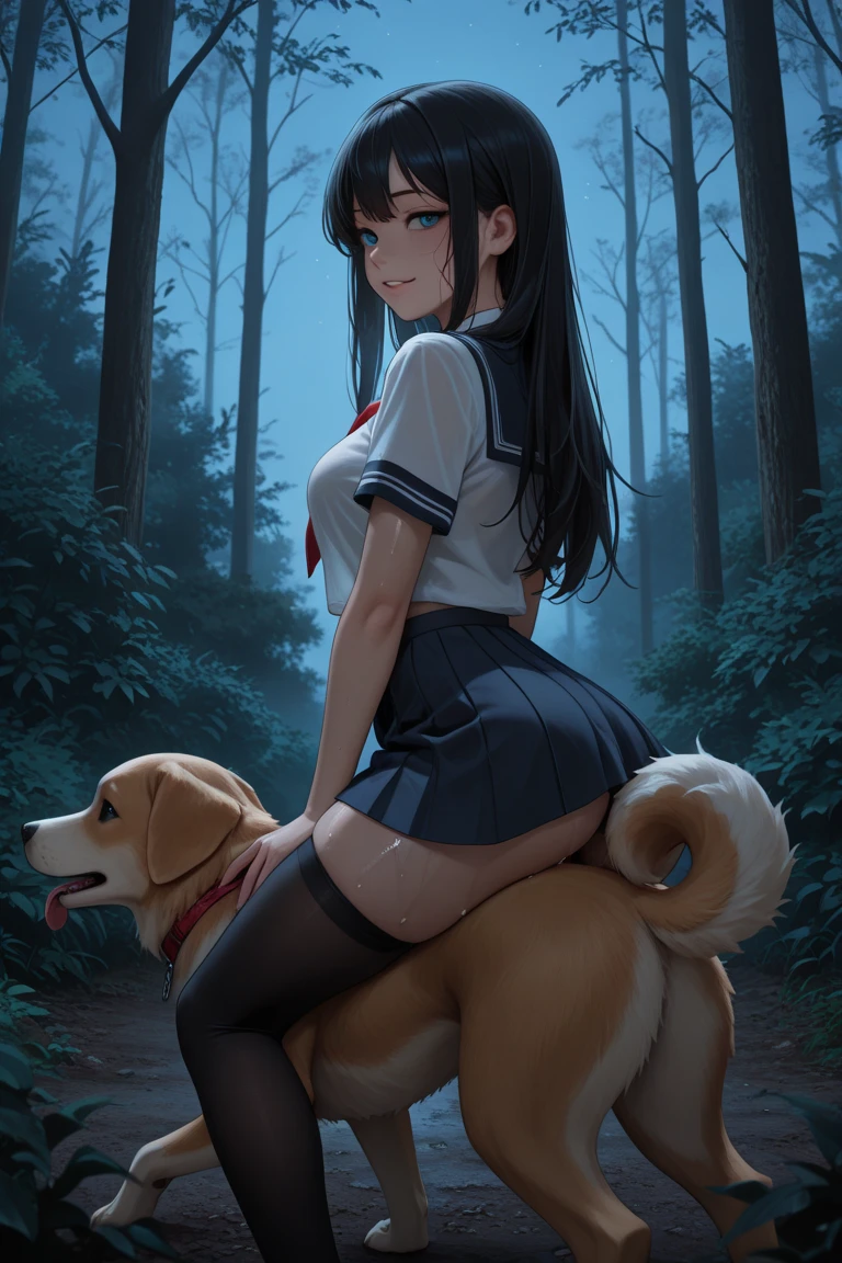 one girl, human girl, black hair, long hair, kimono, white kimono, white jacket, scarlet hakama, torn kimono, on all fours, bicorn, one giant horse, giant black horse, sex with giant horse, doggy style sex, hard sex, penis as thick as an arm, dick as thick as an arm, (huge penis: 1.6), in girl's pussy, girl's belly bulging with dick, loads of cum, outdoors, in the forest