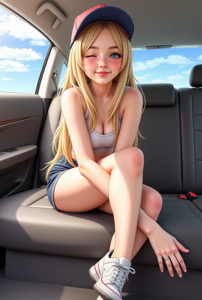 1girll,Light red lace strapless dress, blond hairbl, Sit in a sports car, Wait for the bus, Bus stop, urban backdrop, perfect eyes, perfect hand, 超高分辨率, Movie Angle, Professional lighting, best qualtiy, tmasterpiece, Sideslit, Sharp, Perfect focus,Background bokeh,realisticlying,(Delicate eyes:1.3),realisticlying,(3D脸:1.1),(Glow skin:1.5),(Ultra-high resolution complex facial details),(Facial skin pores:1.3),Ultra-high ress fabric texture,8k eye details,8K pupils,