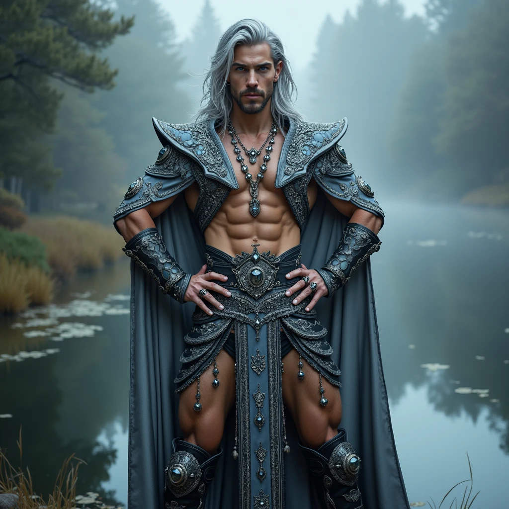 (full body shot), 1boy, dark fantasy, (Winter guy:1.4), (human ears), glitter on collarbones, (long intense hair flowing:1.2), dark haze, dim twilight light, dream-like, bohemian, mysterious, asthetic, work of art, (full body shot) , (natural pose:1.2) , (detailed beautiful skin:1.2) , (beautiful detailed face:1.2) , textured skin, ((best quality)), ((masterpiece)), (detailed),