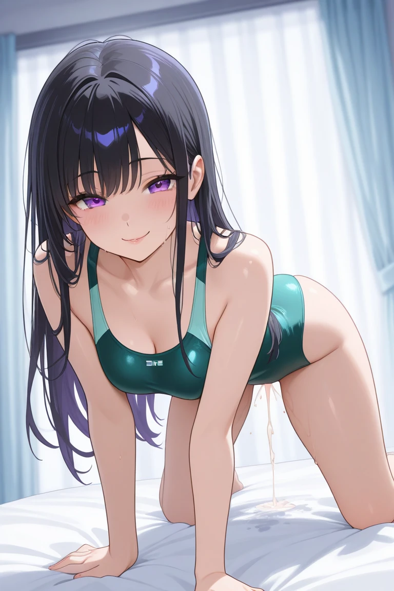 ((masterpiece, highest quality:1.2)),nsfw,((vaginal penis,1man and 1woman,POV,having sex:1.5,Normal position)),cowboy shot,1woman,18 year old beauty、solo,long hair,dark purple hair,(very small head),tears,shy,drooling,slender and long body,skinny,medium breasts,sweat,oily skin,shiny skin,wet,The labia majora is exposed through clothing,creampie,excessive cum、lying,on back,spread legs,Navy blue leotard swimsuit,Indoor swimming pool、Tokyo、