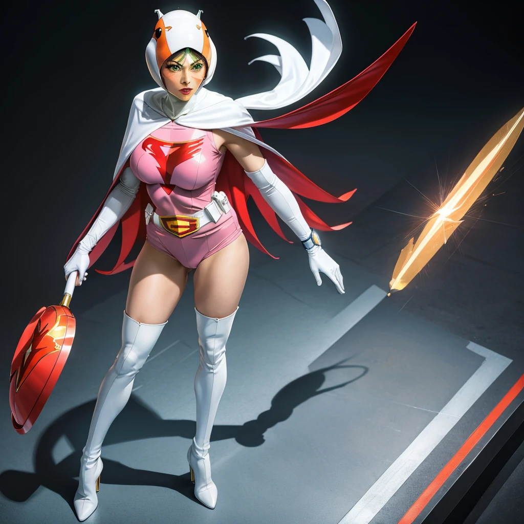 ANI_CLASSIC_jun_gatchaman_ownwaifu,1girl, 18yo,good , masterpiece, best quality,realistic, hyperrealistic, 16k hdr,
long hair,,green eyes,lips,,lipstick,makeup,gloves,cape,helmet,belt,elbow gloves,white gloves,mask,ultra miniskirt,leotard,spacesuit,white legwear,pink dress,superhero,,cleavage,erected ,( pose,from below:1.2),(:1.1),,smile,sitting,space ship