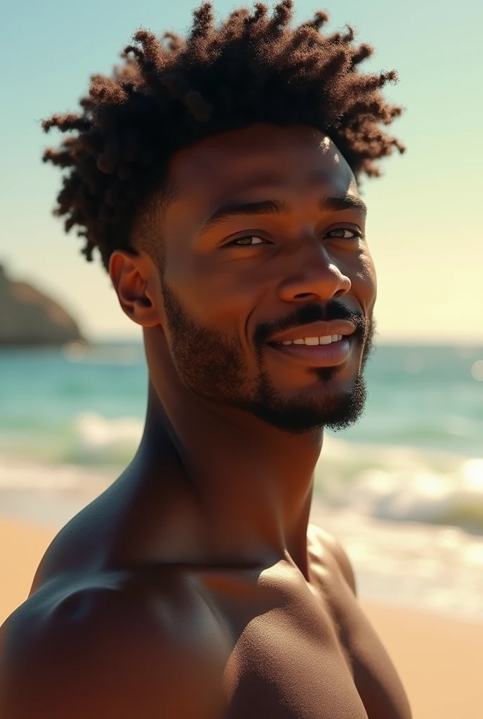 A Latino man on the beach, sedentary body, not so defined beach shorts, no shirt, short and curly hair, looking to the camera