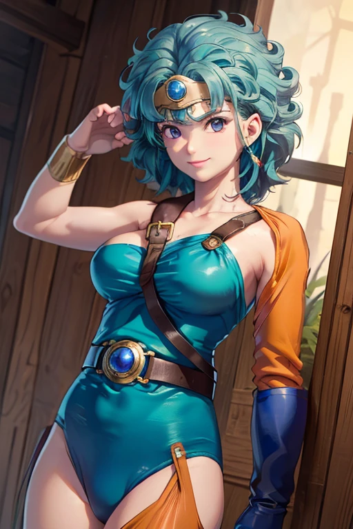 (masterpiece, Highest quality:1.1), (sheathに納められた武器, Weapon on the back, Sword on the shoulder:1.1), internal (dq3), One girl, alone, short hair, Brown Hair, blue eyes, Circlet, Large Breasts, Cleavage, Strapless, Blue clothes, Purple Cape, Knee socks, gloves, boots, belt, sheath,, knee boots, Simple Background,
