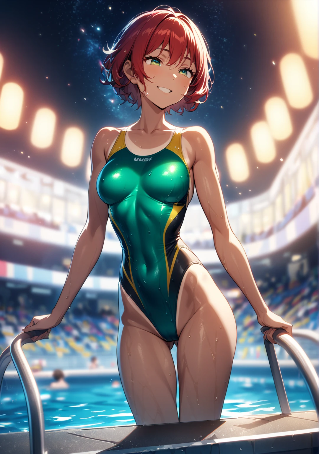 Ashamed expression. Pussy leaking, urination, wet crotch, nipple. (A female athlete, wearing a brown shiny race swimsuit, pussy fingering). Many onlookers gather watched.