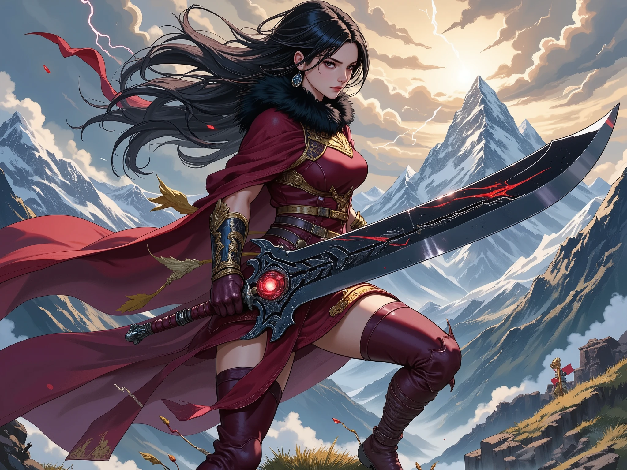 A fierce warrior stands atop a mountain peak, surrounded by cutting winds and a stormy sky. Her gaze is intense, with one eye hidden under a dark. Her long, black hair flows wildly in the wind, framing her strong, angular features. She wears a fitted leather bodice in deep wine-red, reinforced with gold accents and dark metal plates. A heavy, wine-colored cloak with a black fur collar rests on her shoulders, flowing dramatically. Her forearms are covered by intricately carved black metal bracers, extending into gloves. The lower part of her outfit is a split skirt of reinforced leather and fabric, allowing flexibility. Her boots are wine-colored leather with dark metal buckles.

In her hands, she wields a massive, aggressive sword, as large and wide as Zabuza's blade from Naruto. The sword's design is brutal, with a wide, angular blade featuring deep grooves and jagged edges. The black metal is marked with scarlet streaks, and the back edge has sharp, tooth-like spikes. The hilt is wrapped in dark wine-red leather, with a pulsating crimson crystal at the base. Her grip is firm, and her posture radiates power and readiness for battle.

The background is a dramatic mountain landscape, with swirling clouds, lightning flashes, and a sense of impending storm. The atmosphere is dark and intense, with a mix of fantasy and realism. The warrior dominates the scene, her presence commanding and unstoppable.

(highly detailed, dark fantasy style, vibrant colors, dynamic posing, intricate armor and weapon designs, dramatic lighting, epic atmosphere, digital painting, masterpiece, best quality, inspired by Arthemy Comics Flux)(highly detailed, dark fantasy style, vibrant colors, dynamic posing, intricate armor and weapon designs, dramatic lighting, epic atmosphere, digital painting, masterpiece, best quality, inspired by Arthemy Comics Flux)
<lora:the_rol
