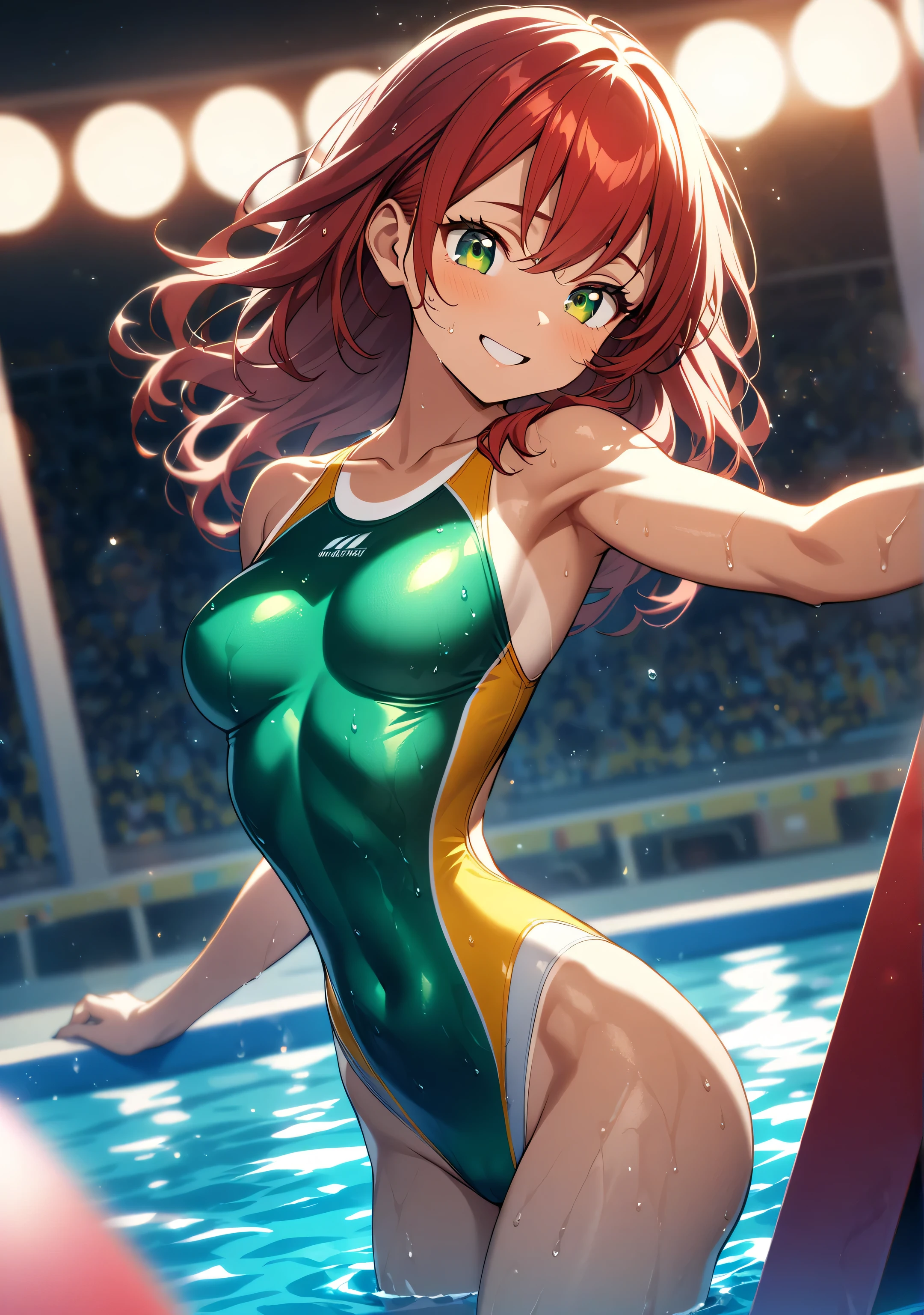 masterpiece, best quality,(hoshizora rin:1.000), cowboy shot,yellow eyes, orange hair, (breasts:0.996), green sports bra,green sports thong, sweating,sweat drops , looking at viewer, closed mouth