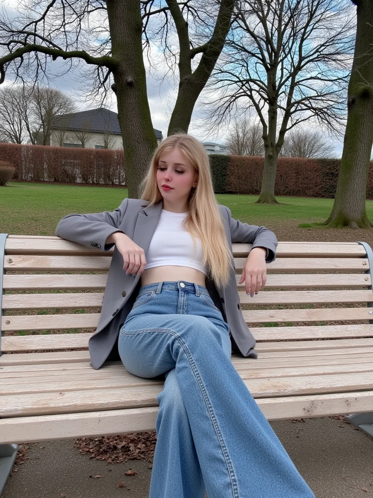 a very serious pale teenage girl sitting on a city bench in Berlin, circa 1888, wearing no panties, t-shirt, bombs blowing up behind her, apocalypse,HDR, highly detailed, 32k, epiC Photo, masterpiece